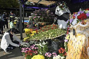 動物像を弘前公園に運び、花で飾り付ける生徒