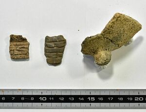 大森勝山遺跡で見つかった縄文時代晩期後葉の土器。左から鉢の縁の部分、台付き鉢の台の部分、脚付き浅鉢の脚の部分