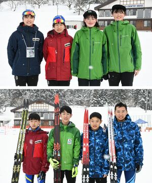 【写真・上】女子距離リレーで4位入賞した（左から）乙部、熊谷、外崎、佐々木【写真・下】男子距離リレーで6位入賞した（左から）亀田、佐藤、本間幸、岩清水