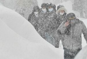 通勤時間帯に強い雪に見舞われ、積雪が一時111センチとなった青森市＝28日午前8時13分、同市堤町2丁目