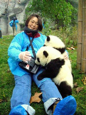 中国ロケでパンダと一緒に（本人提供）