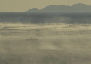 漁船が航行する陸奥湾で見られた「けあらし」。奥は夏泊半島＝30日午前7時25分、外ケ浜町蟹田地区の高台から撮影