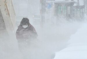 猛吹雪に見舞われた青森市。地吹雪で歩行者は視界が遮られた＝21日午前、同市古川2丁目