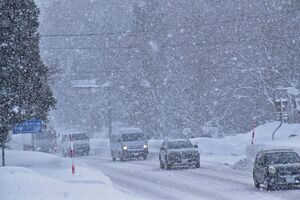 雪のため上り坂で動けなくなった乗用車もあり、渋滞やノロノロ運転が続いた＝14日午前9時50分、東北町向平の国道4号