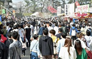 弘前さくらまつりが開かれ、多くの人が訪れた弘前公園。弘前市内の飲食店街も4月後半から5月前半、夜間の人出の増加がみられた＝4月24日