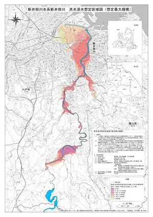 県がホームページで公表した洪水浸水想定区域図の一部（新井田川の想定最大規模）