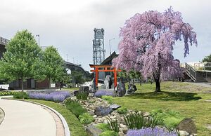 「リバーウォーク」と鳥居の完成予想図。桜の植樹も予定しているという（つがる市提供）